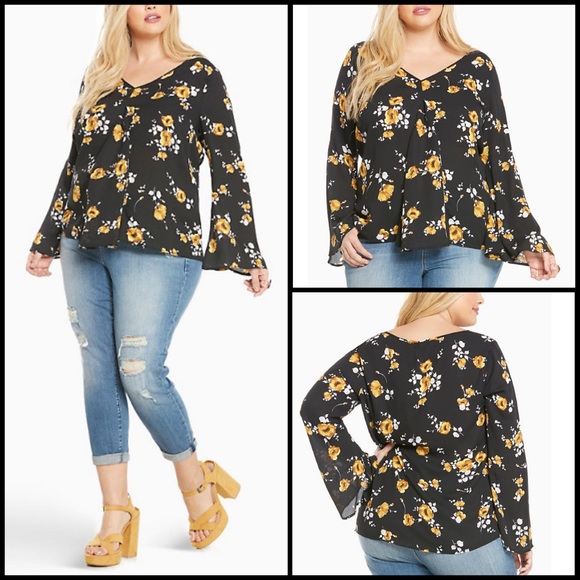 torrid Tops - Torrid Black Floral Print Long Bell Sleeve Blouse